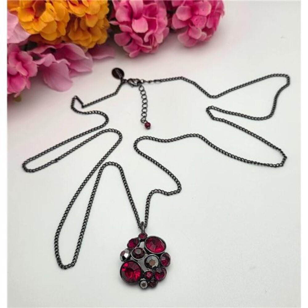 White House Black Market Gunmetal Sweater Necklace Red Crystal Mosaic Pendant